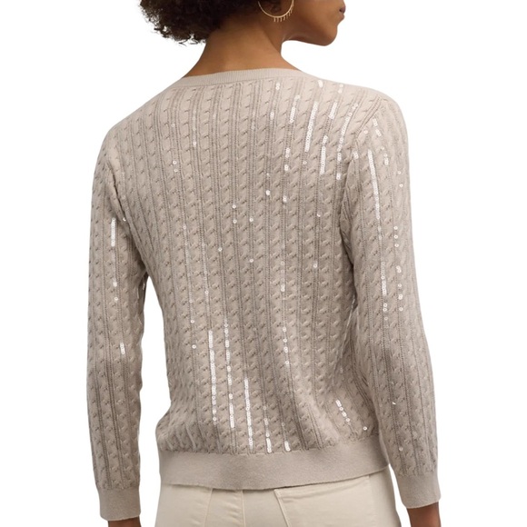 L'AGENCE Beige Cable Knit V-Neck Sequin Embellished Sweater Long Sleeve Top SZ L - Picture 3 of 3